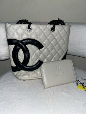 White Quilted Tote with Black C C Logo